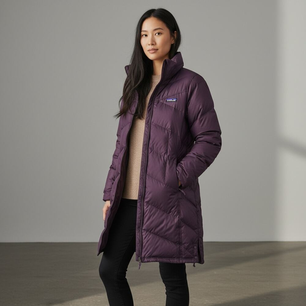 Patagonia Down With It Parka Women's Sz S Plum Purple Knee Length Insulated Cozy
